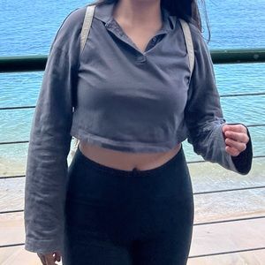 H&M Gray Oversized Cropped Long Sleeve Polo Top Boxy Cotton Button Y2K Small